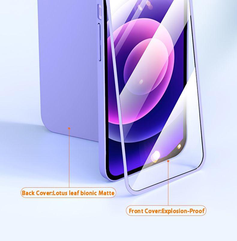 Two-piece iPhone case with tempered glass front and matte back, shockproof PC cover for iPhone 13, 12, 11 Pro Max, XR, XS, 8 Plus, SE.
