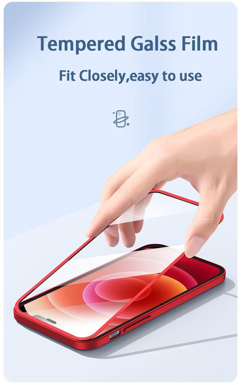 Two-piece iPhone case with 360° tempered glass front and matte back, shockproof PC cover for iPhone 11, 12, 13, XR, XS, and more