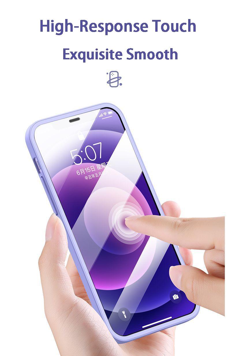 Two-piece iPhone case with tempered glass front and matte back, providing shockproof protection for iPhone 11, 12, 13, and more.