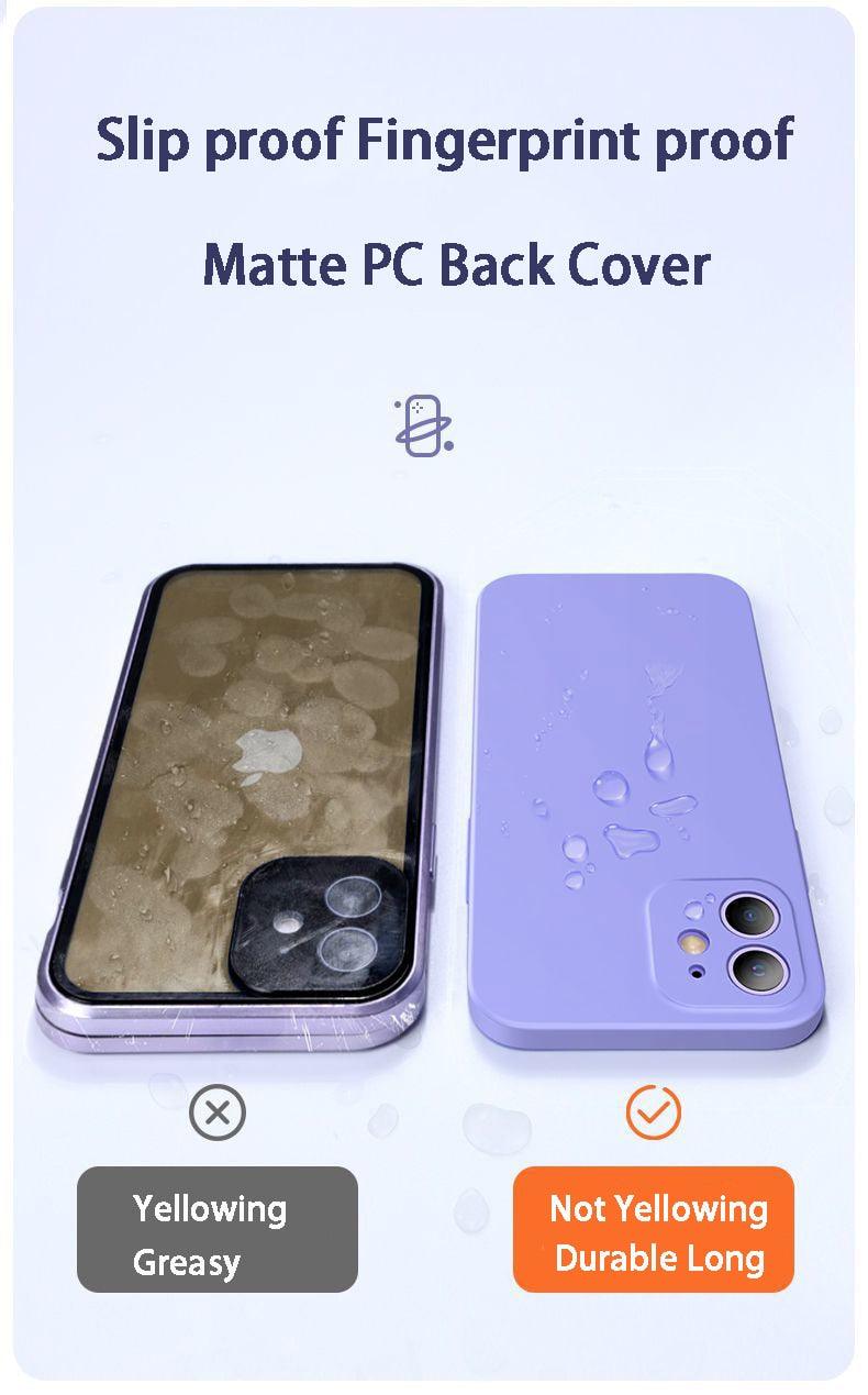 Two-piece iPhone case with 360° tempered glass front and matte back, shockproof PC cover for iPhone 11, 12, 13, XR, XS, and more.
