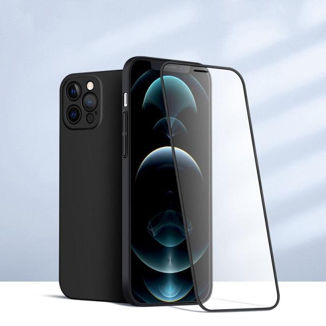 iPhone 13, 12, 11 Pro Max, X, XR, XS, 7, 8 Plus, SE 2020 PC phone case with 360-degree tempered glass front and matte back protection
