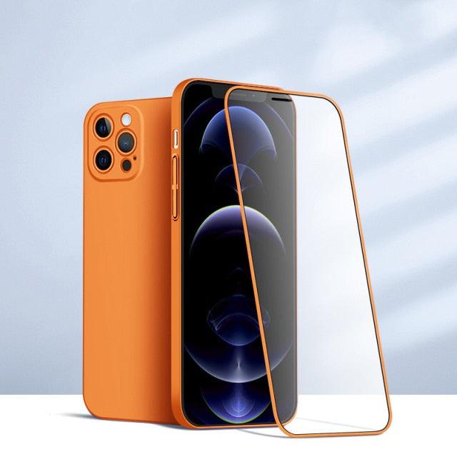 Two-piece iPhone case with 360-degree tempered glass front and matte back, shockproof PC cover for iPhone 11, 12, 13, XR, XS, and more