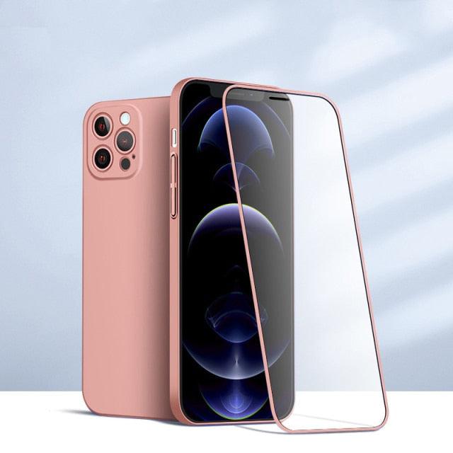 Two-piece iPhone case with 360-degree tempered glass front and matte back, shockproof PC cover for iPhone 11, 12, 13, XR, XS, and more.