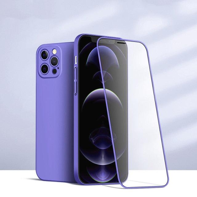 Two-piece iPhone case with tempered glass front and matte back, shockproof PC cover for iPhone 11, 12, 13, XR, XS, and SE 2020.