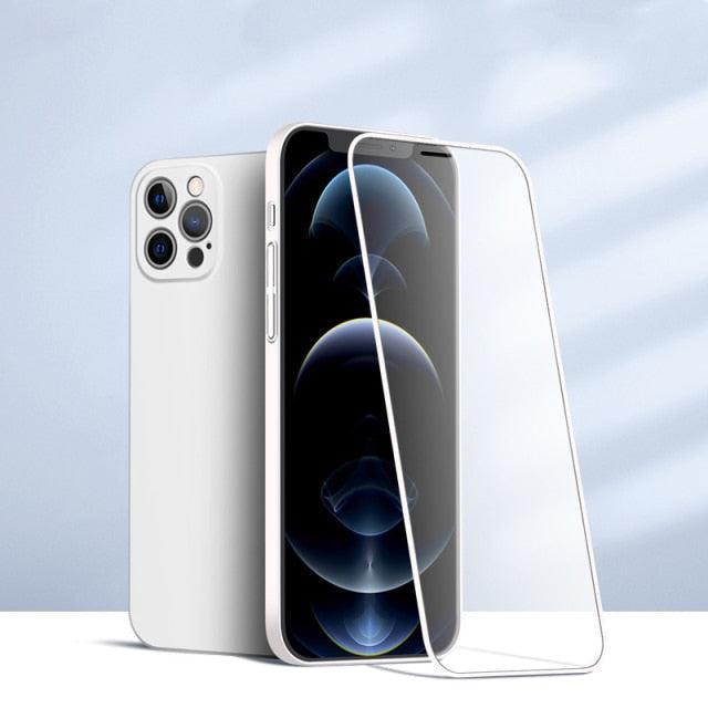 Two-piece iPhone case with tempered glass front and matte back, shockproof PC cover for iPhone 13, 12, 11 Pro Max, XR, XS, 7, 8 Plus, SE.