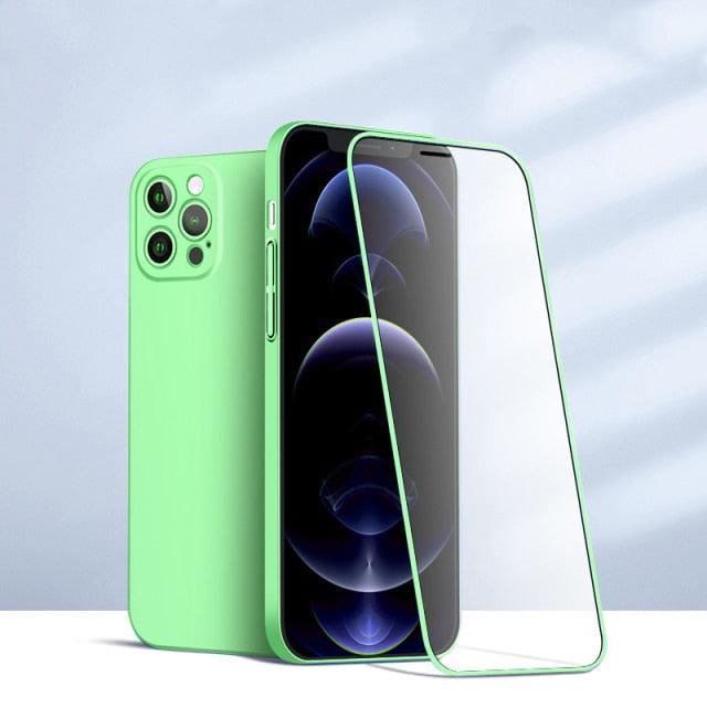 Two-piece iPhone case with tempered glass front and matte back, shockproof PC material, for iPhone 11, 12, 13, XR, XS, and SE 2020