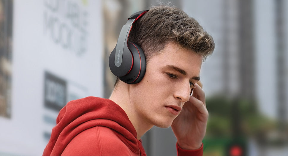 Anker Soundcore Life Q10 wireless Bluetooth headphones with foldable design and Hi-Res certified sound, shown in black.