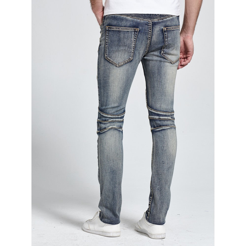 Biker skinny stretch casual jeans by The Clothing Company Sydney, showing close-up of fitted denim pants with zipper and pockets.