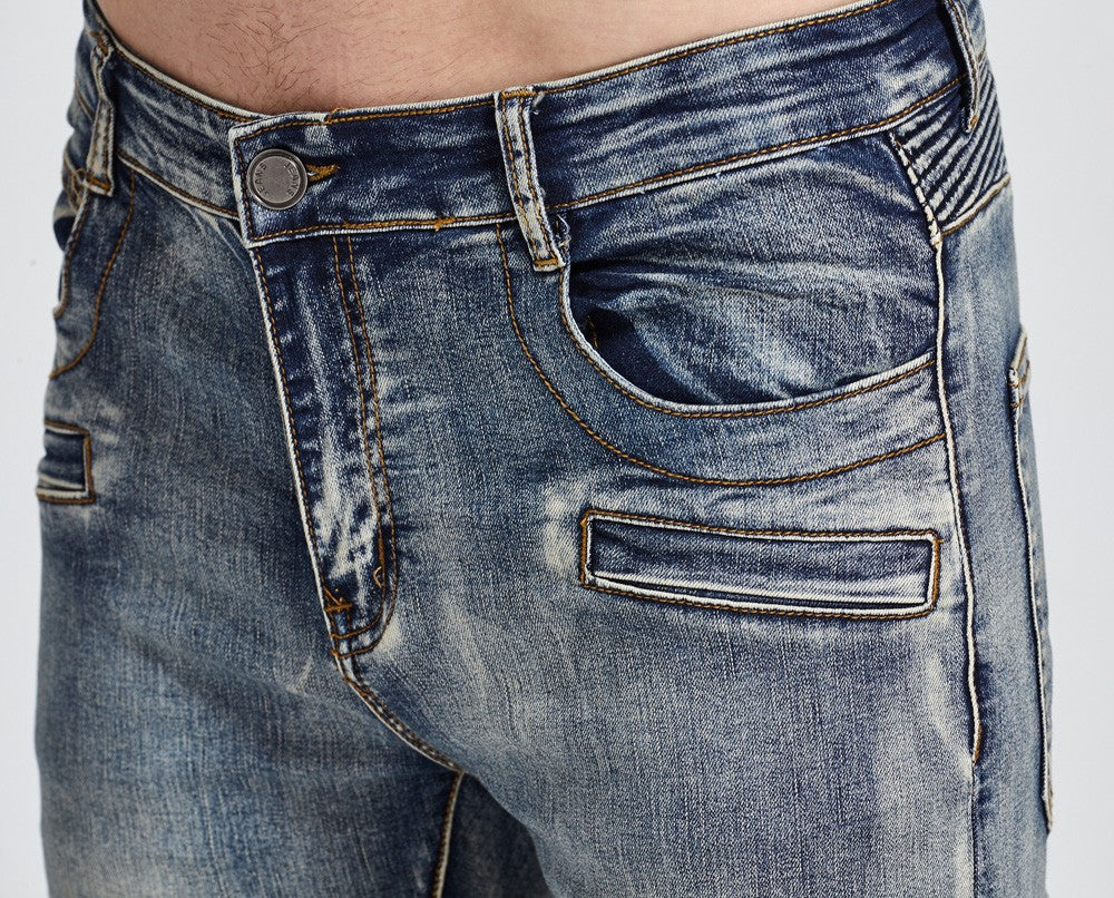 Biker skinny stretch casual jeans by The Clothing Company Sydney showing a close-up of dark denim pants with fitted style.
