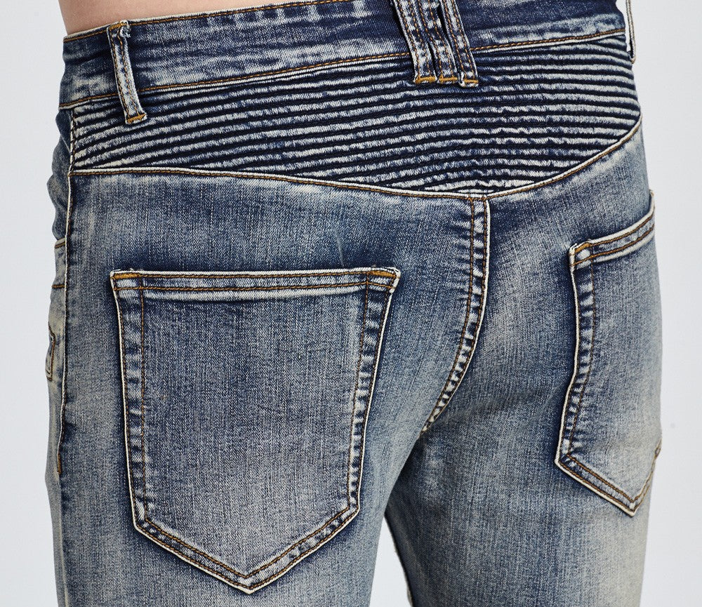 Slim fit biker skinny stretch casual jeans from The Clothing Company Sydney, showing close-up of dark denim fabric and stitching.