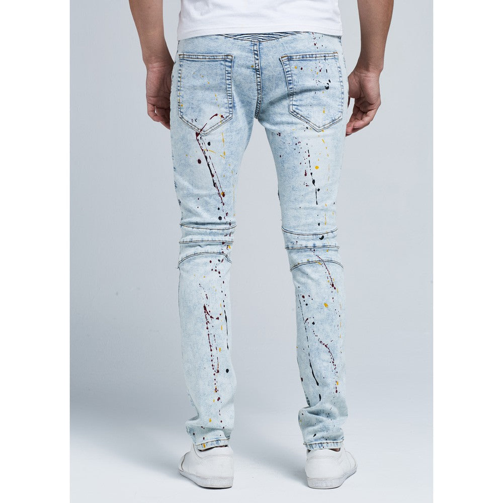 Biker skinny stretch casual jeans by The Clothing Company Sydney, showing close-up of fitted denim pants with a zipper and pockets.