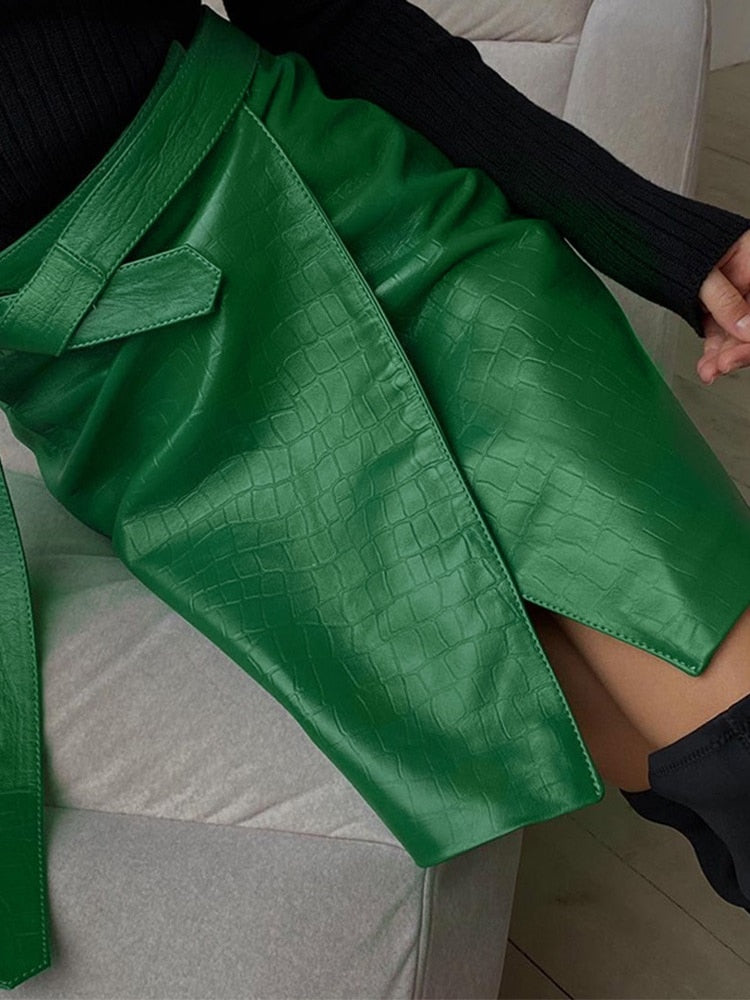 Green faux leather crocodile pattern A-line skirt with high waist and split mini design, by The Clothing Company Sydney.