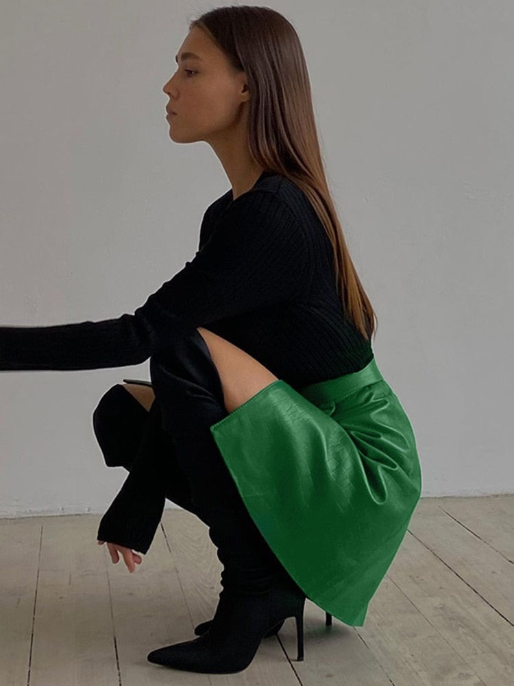 Green faux leather A-line skirt with crocodile pattern, high waist, split mini design, from The Clothing Company Sydney.
