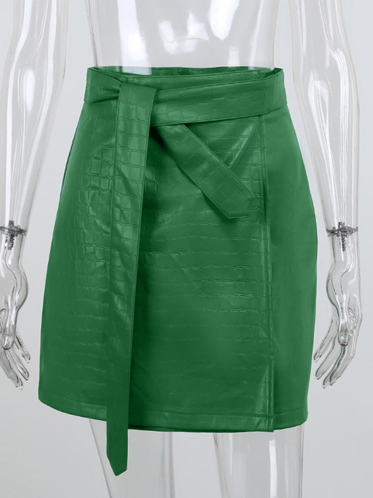 Elegant green faux leather crocodile pattern A-line high waist mini skirt with split detail, by The Clothing Company Sydney.