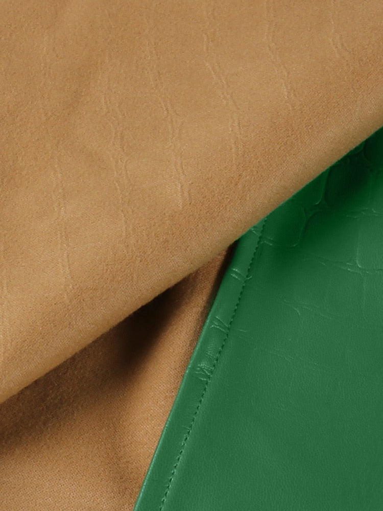 Elegant green faux leather A-line skirt with crocodile pattern, high waist, split mini design from The Clothing Company Sydney.