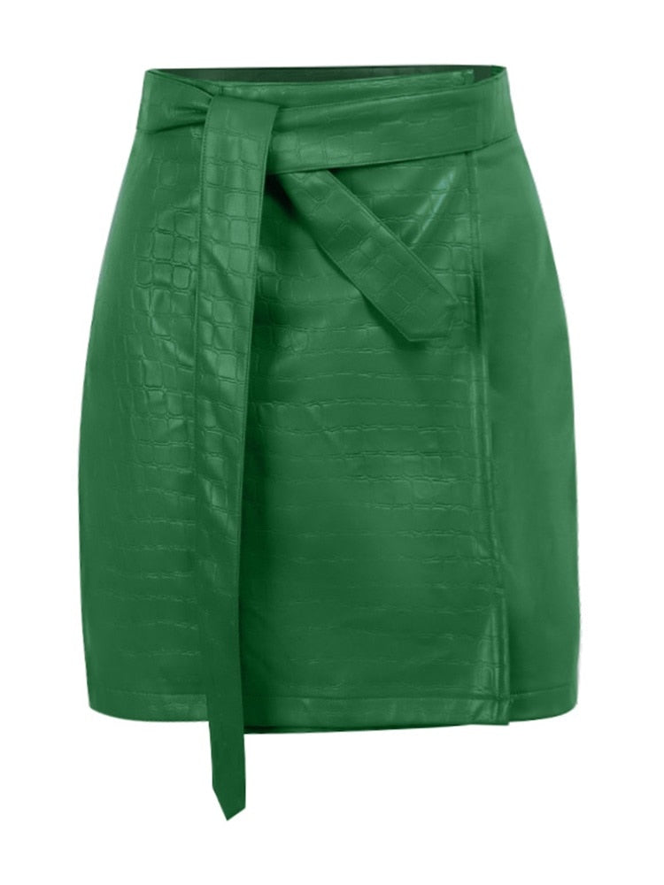 Green faux leather A-line skirt with crocodile pattern, high waist, split mini design, by The Clothing Company Sydney.