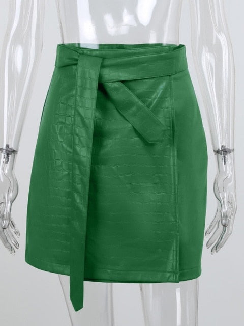 Elegant green faux leather crocodile pattern A-line high waist split mini skirt by The Clothing Company Sydney.