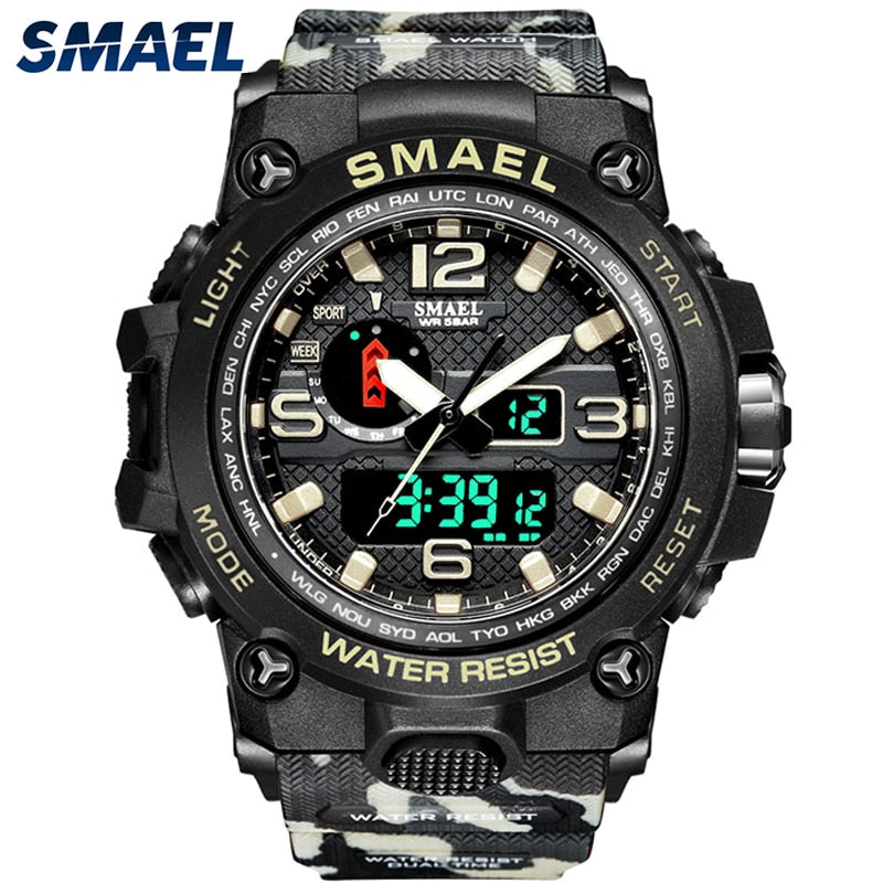 50M water-resistant men's quartz wristwatch with dual display, alarm, and military style from The Clothing Company Sydney
