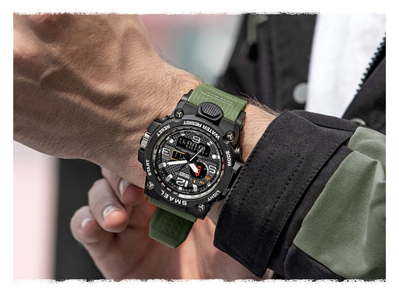 Water-resistant 50M men's military sport wristwatch with dual display and quartz movement by The Clothing Company Sydney.