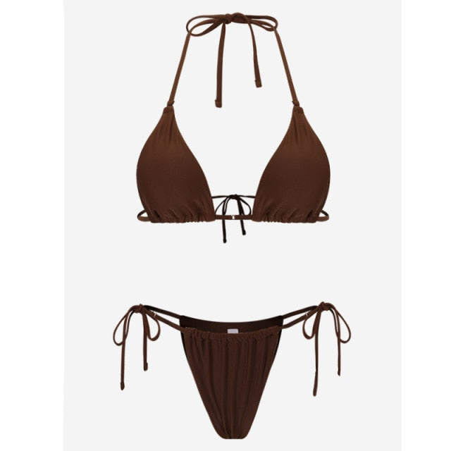 Solid color bikini set with floral print, string swimwear from The Clothing Company Sydney, featuring a stylish and comfortable design.