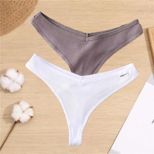 Two cotton mix G-string thong underwear with V-waist design from The Clothing Company Sydney, displayed flat on a white background.