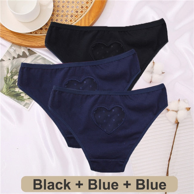 Three-pack of heart-shaped hollow cotton mix low-waist seamless panties from The Clothing Company Sydney, comfortable women's underwear.