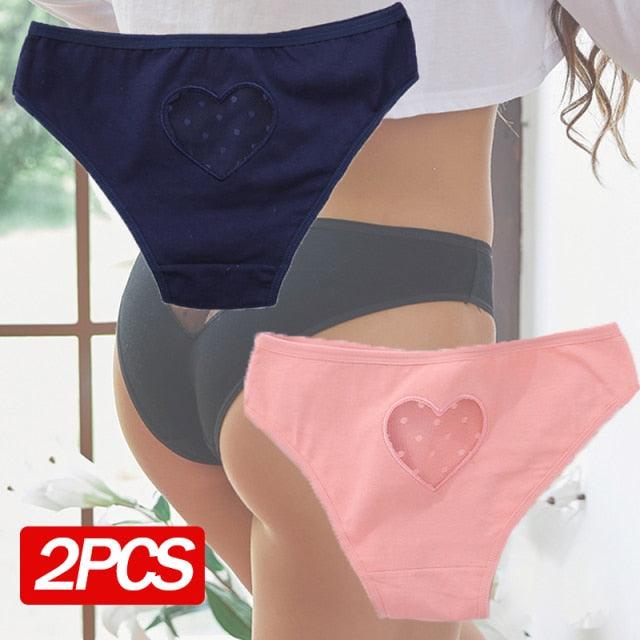 Two-pack cotton mix panties by The Clothing Company Sydney, heart hollow-out briefs with low-waist seamless underwear design.