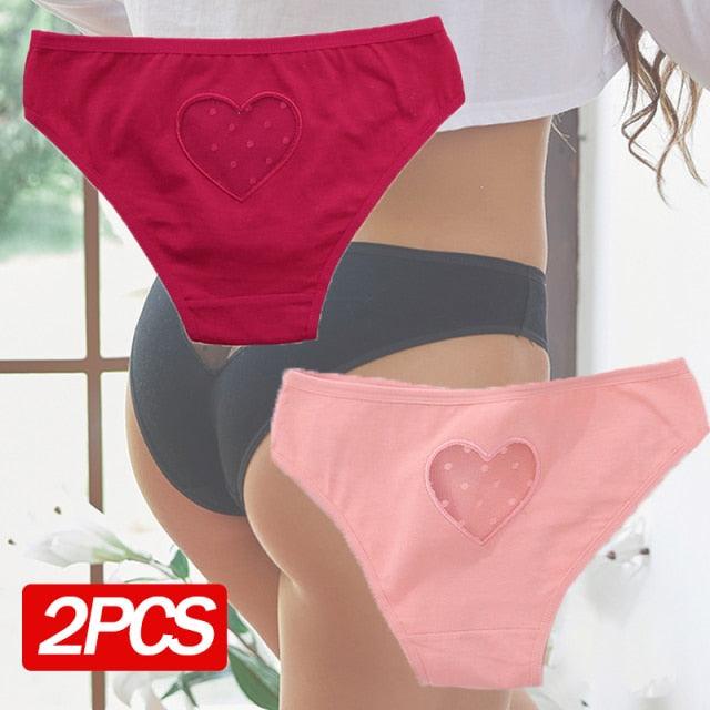 Two-pack cotton mix briefs from The Clothing Company Sydney, heart hollow-out design, low-waist seamless underwear for women.
