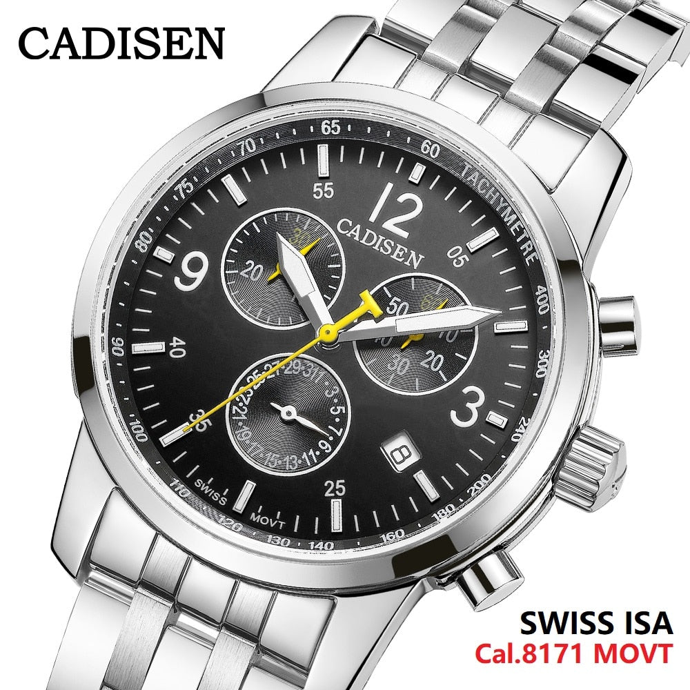 CADISEN men's Swiss quartz sports watch with sapphire crystal, waterproof chronograph, and luxury design.