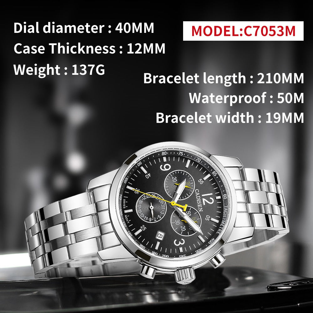 CADISEN men's Swiss quartz sports watch with sapphire waterproof chronograph and luxury design, featuring ISA Cal.8171 movement.