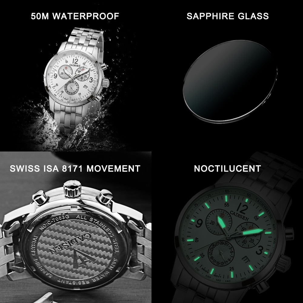 CADISEN men's sports quartz watch with Swiss ISA Cal.8171 movement, sapphire crystal, waterproof chronograph, luxury design