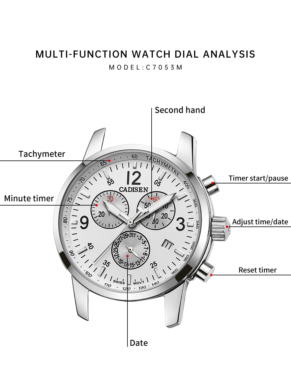 CADISEN men's Swiss sports quartz watch with sapphire crystal, waterproof chronograph, and luxury design.