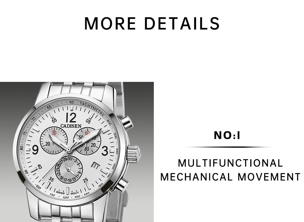 CADISEN men's sports quartz watch with sapphire crystal, waterproof chronograph, Swiss ISA Cal.8171 movement, luxury style