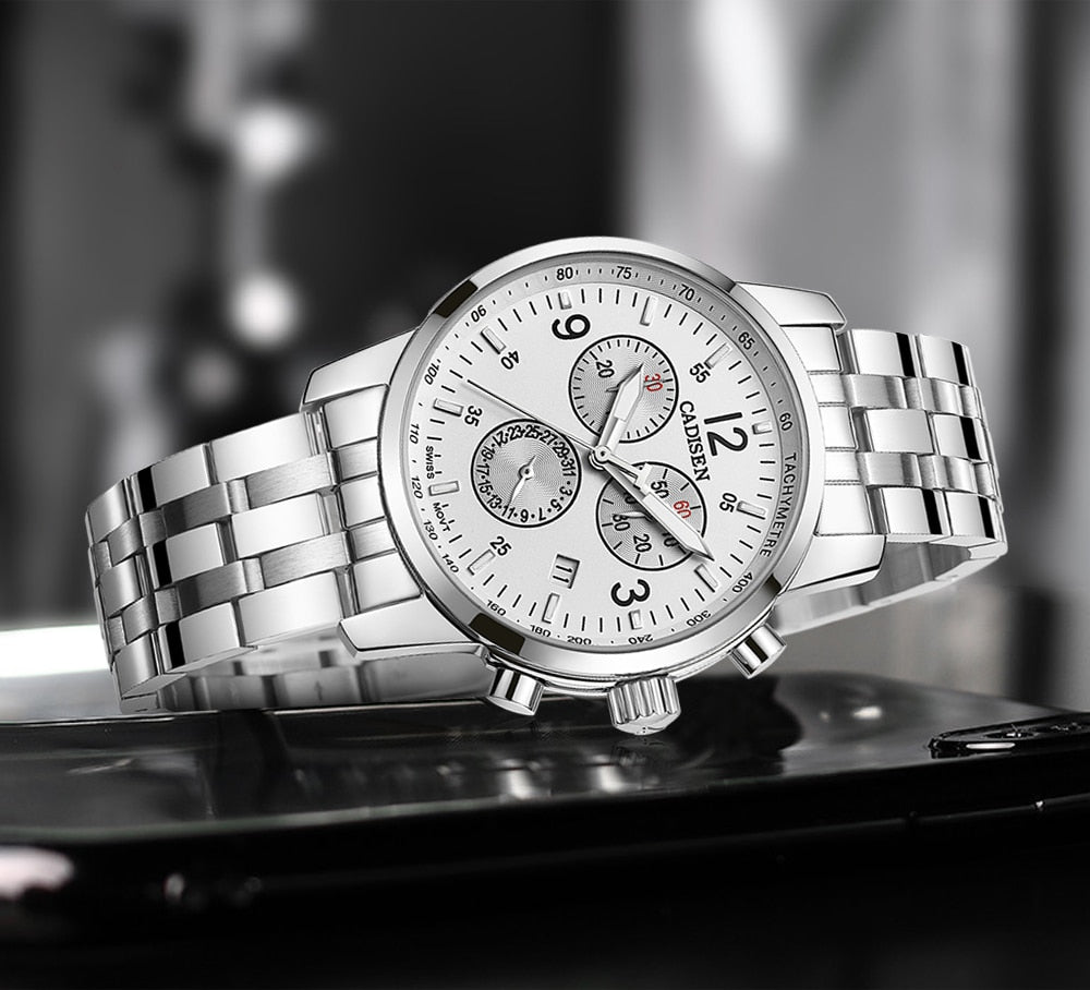 CADISEN men's Swiss quartz sports watch with sapphire crystal, waterproof chronograph, and luxury design featuring ISA Cal.8171 movement