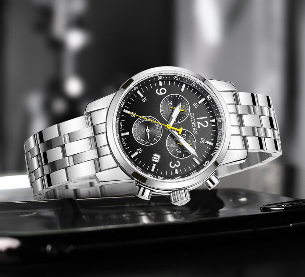 CADISEN men's Swiss quartz sports watch with sapphire crystal, waterproof chronograph, and luxury design.