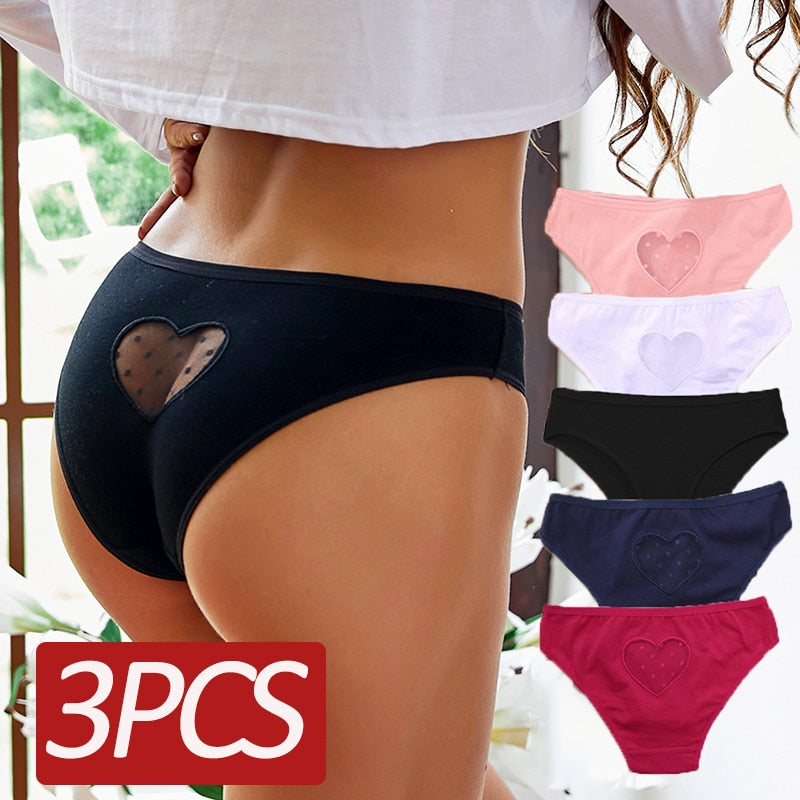 Three-pack cotton mix lace panties with transparent hearts, low-waist, hollow-out briefs, seamless underwear from The Clothing Company Sydney.