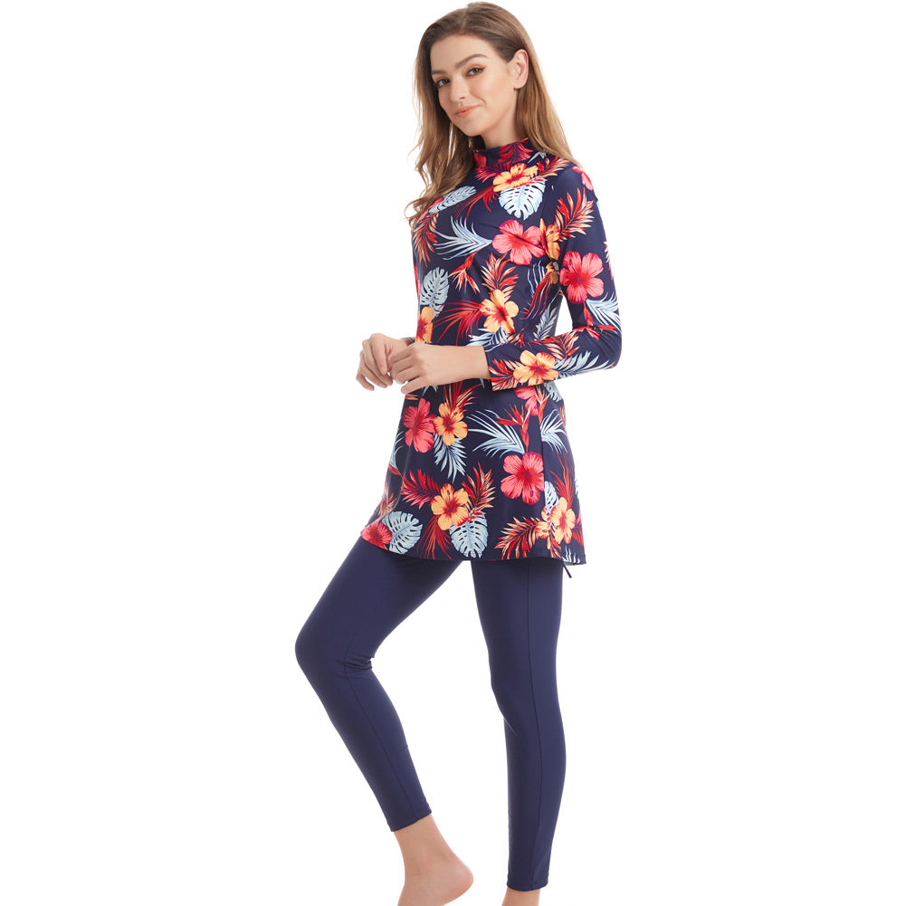 Plus size long sleeve swimsuit from The Clothing Company Sydney, full coverage swimwear with 3-piece design and vibrant colors.