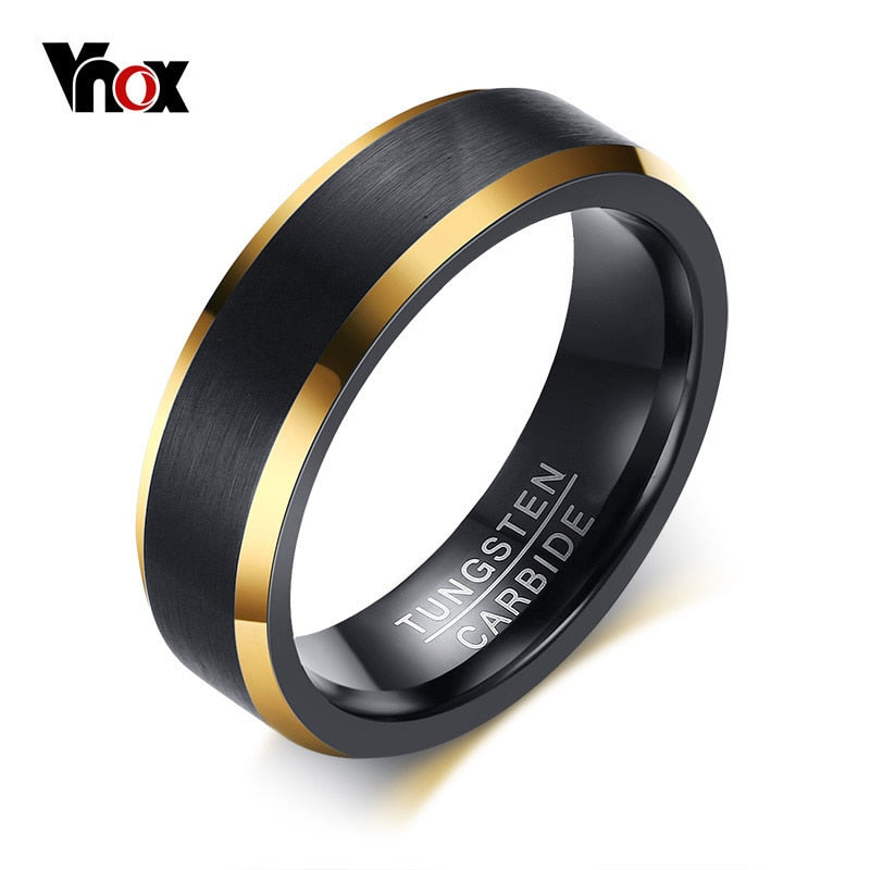 Black matte finished tungsten carbide bracelet with gold line detail, designed by The Clothing Company Sydney for men's engagement jewelry.