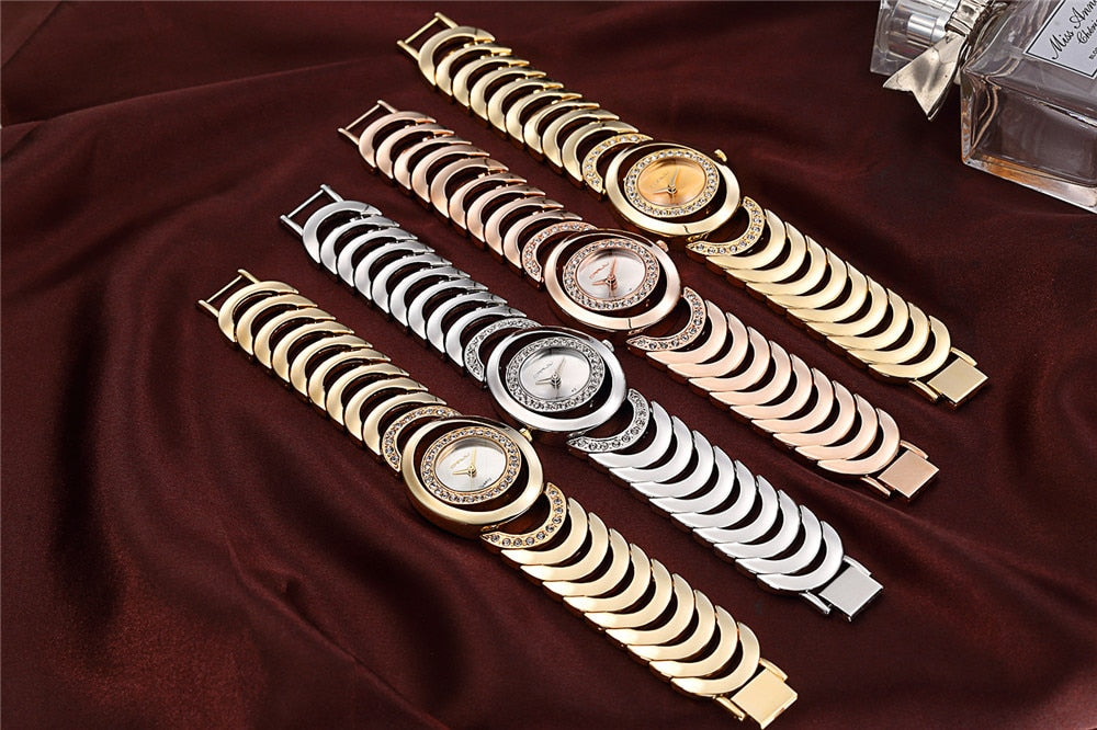 Ladies' luxury stainless steel bracelet watch with rhinestones and quartz movement by The Clothing Company Sydney.