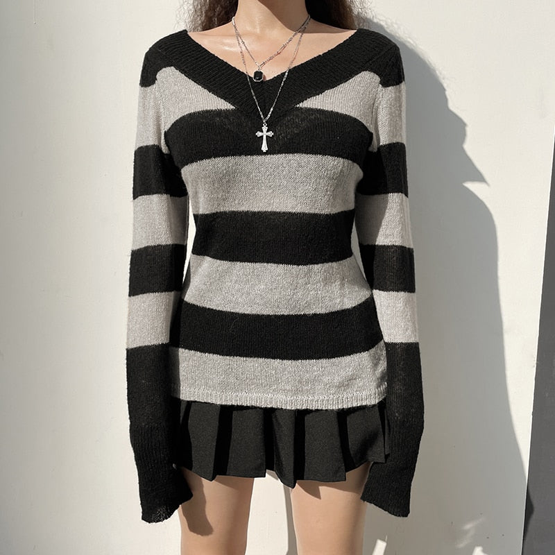 V-neck striped long sleeve knitted sweater top by The Clothing Company Sydney, casual vintage autumn pullover with a cozy fit.