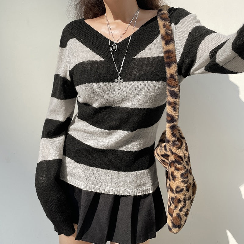 V-neck striped long sleeve knitted sweater top by The Clothing Company Sydney, casual vintage autumn pullover with a relaxed fit.