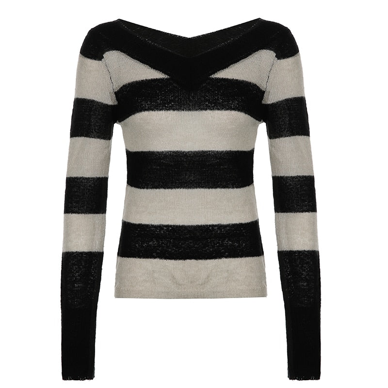V-neck stripe long sleeve knitted sweater top by The Clothing Company Sydney, casual vintage autumn pullover with a relaxed fit.