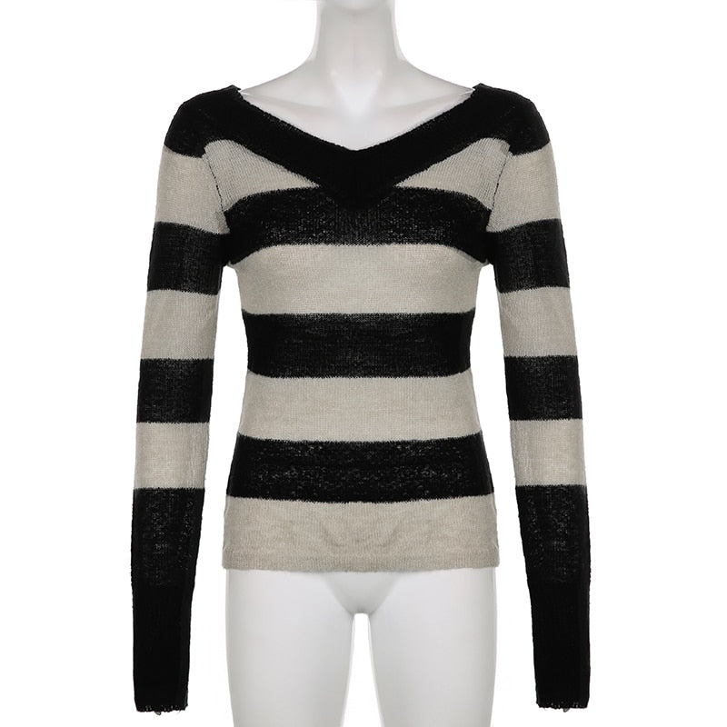 V-neck striped long sleeve knitted sweater top by The Clothing Company Sydney, casual vintage autumn pullover with a cozy design.
