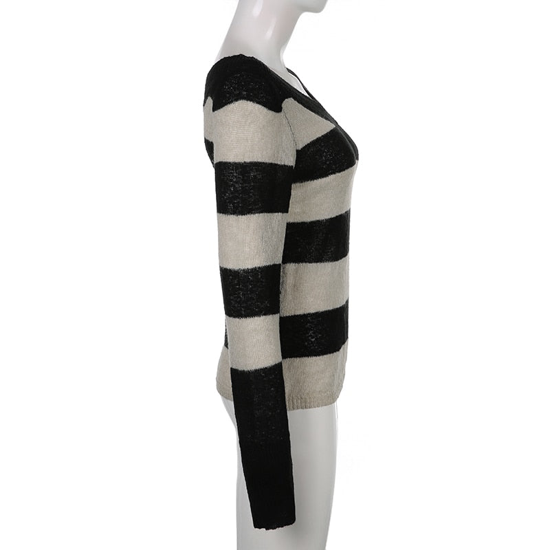 V-neck stripe long sleeve knitted sweater top by The Clothing Company Sydney, casual vintage autumn pullover with a comfortable fit.
