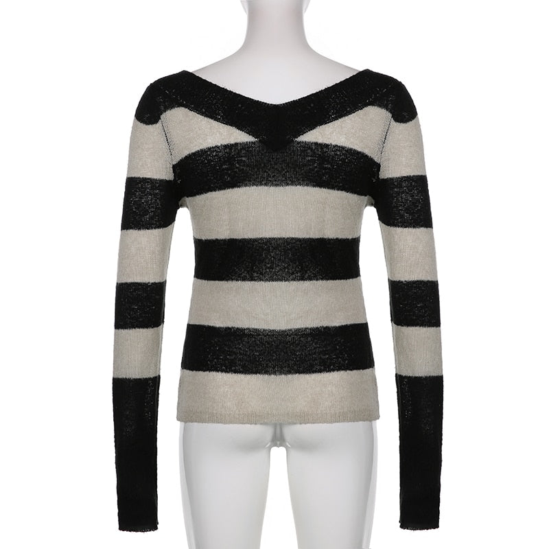 V-neck stripe long sleeve knitted sweater top from The Clothing Company Sydney, casual vintage autumn pullover with a relaxed fit.
