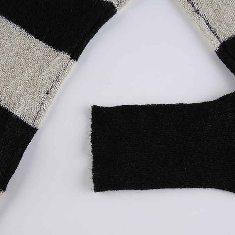 V-neck striped long sleeve knitted sweater top by The Clothing Company Sydney, showcasing casual vintage autumn pullover with a relaxed fit.