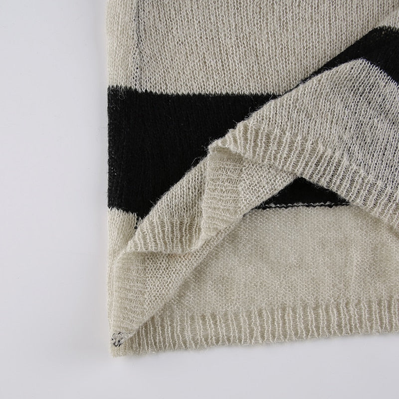 V-neck stripe long sleeve knitted sweater top by The Clothing Company Sydney, casual vintage autumn pullover on a model.