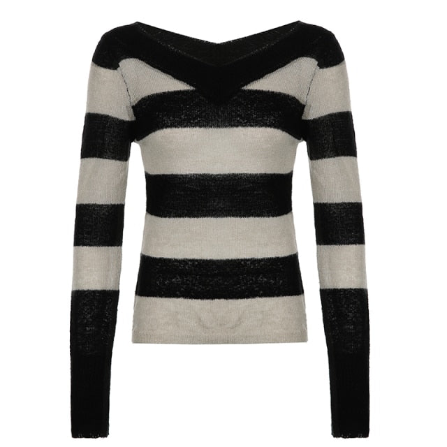 V-neck striped long sleeve knitted sweater top by The Clothing Company Sydney, casual vintage autumn pullover with a relaxed fit.