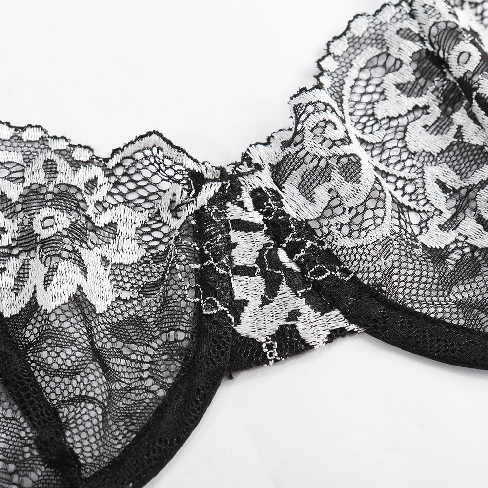 Two-piece lingerie set with floral embroidery, deep-V briefs, and push-up underwire bra, featuring transparent and intimate details.