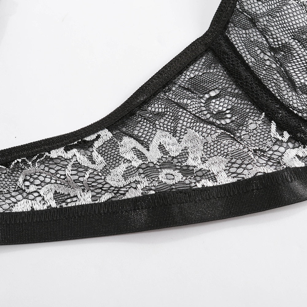 Two-piece floral embroidery lingerie set with deep-V briefs and push-up underwire bra, transparent and elegant from The Clothing Company Sydney.